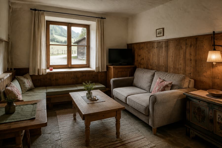 Wohnraum der Ferienwohnung Bergkristall mit Sofa, Eckbank, Altholztäfelung und Fenster zur Wiese