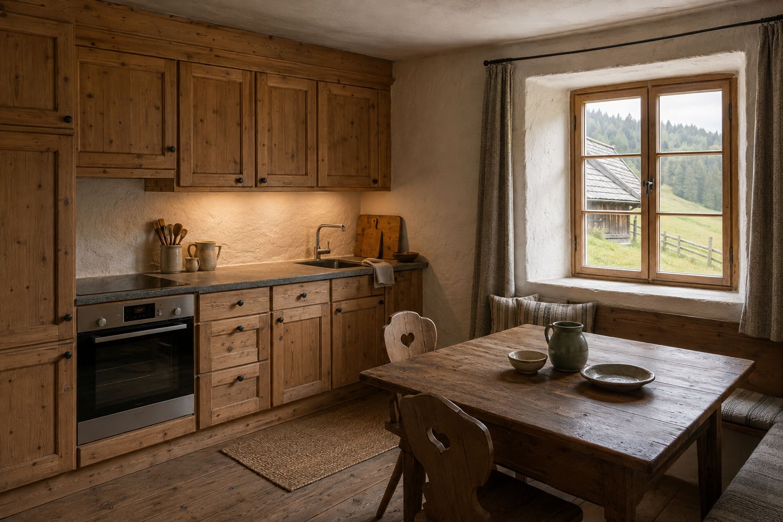 Wohnküche der Ferienwohnung Bergkristall mit Zirbenschränken, Backofen und massivem Esstisch am Fenster