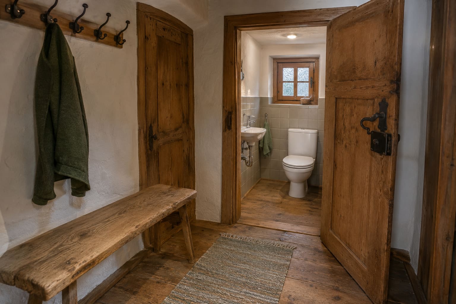 Vorraum der Ferienwohnung Bergkristall mit Garderobe, Bank und separatem WC