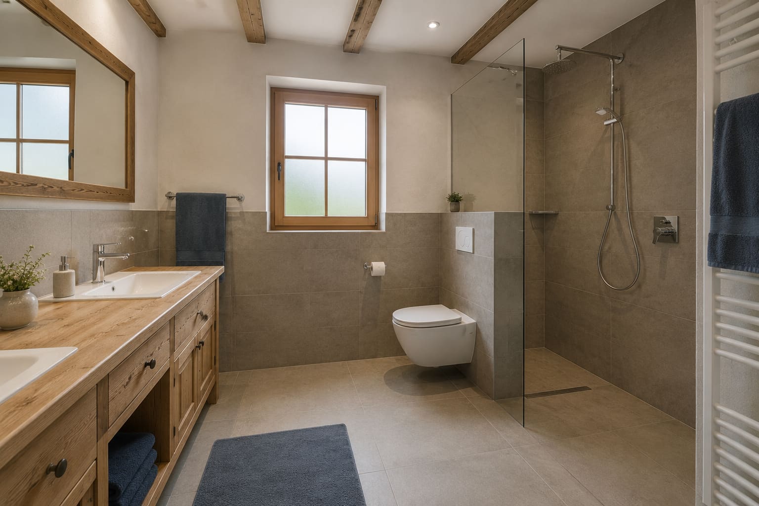 Bad der Ferienwohnung Glocknerblick mit zwei Waschbecken, bodengleicher Dusche und WC