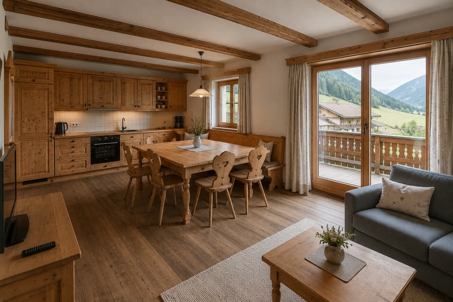 Große Wohnküche der Ferienwohnung Glocknerblick mit langem Esstisch, Sitzecke und Balkontür