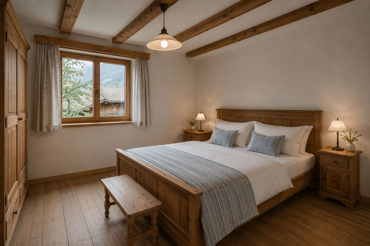 Zweites Doppelzimmer der Ferienwohnung Glocknerblick mit Fenster zum Apfelbaum