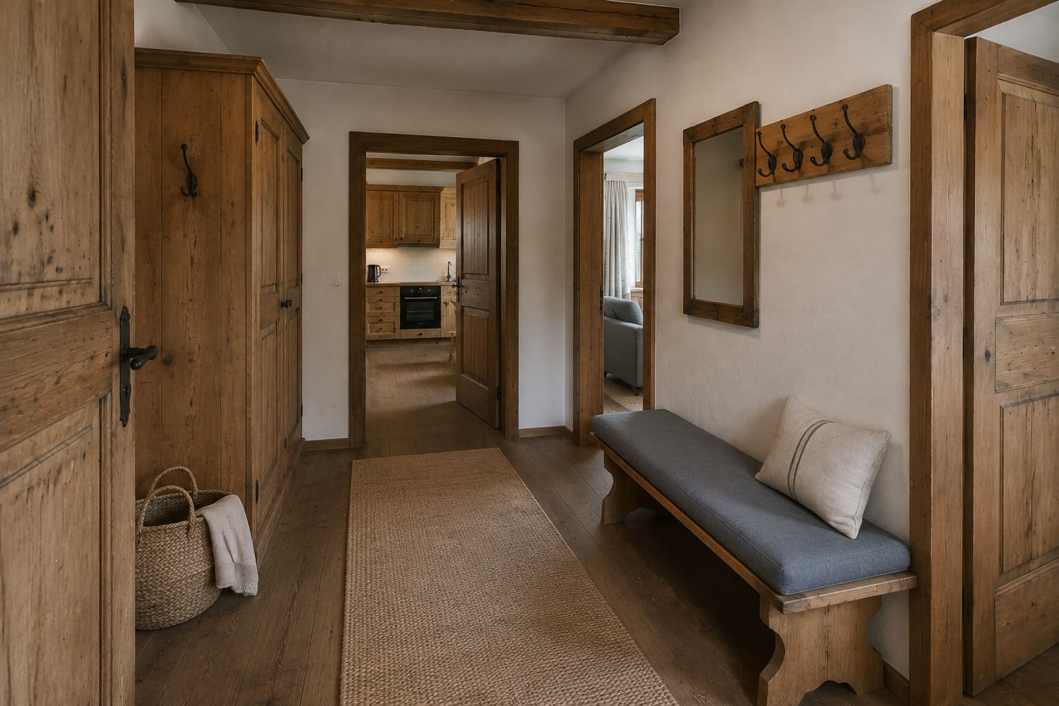 Vorraum der Ferienwohnung Glocknerblick mit Sitzbank, Garderobe und Blick in Küche und Zimmer