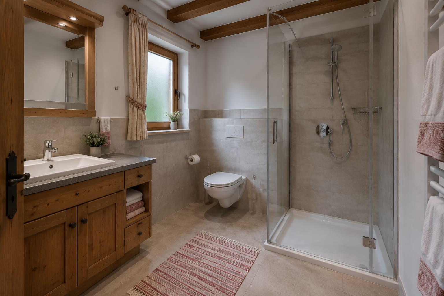 Bad der Ferienwohnung Kitzsteinhorn mit Dusche, WC und Waschtisch aus Zirbe