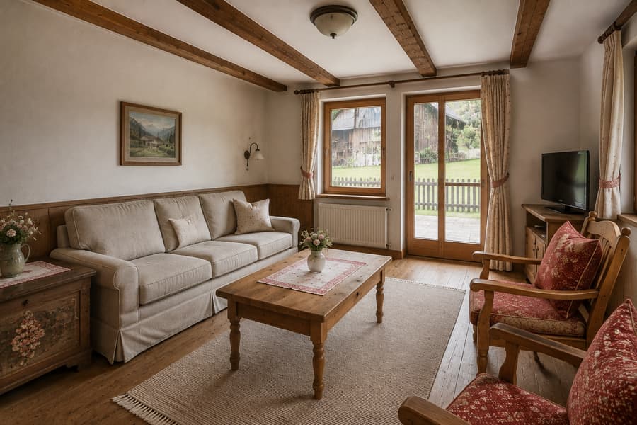 Wohnzimmer der Ferienwohnung Kitzsteinhorn mit Sofa, Bauernsesseln und Glastür zur Terrasse
