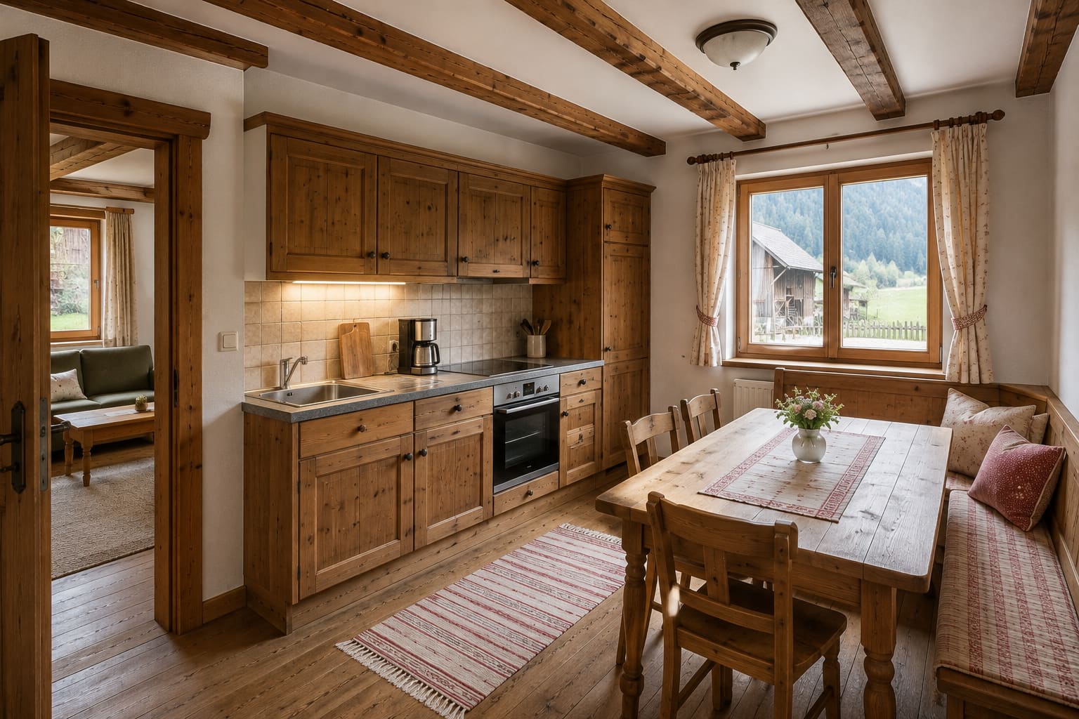 Küche der Ferienwohnung Kitzsteinhorn mit Eckbank, Esstisch und Fenster zum Stadel