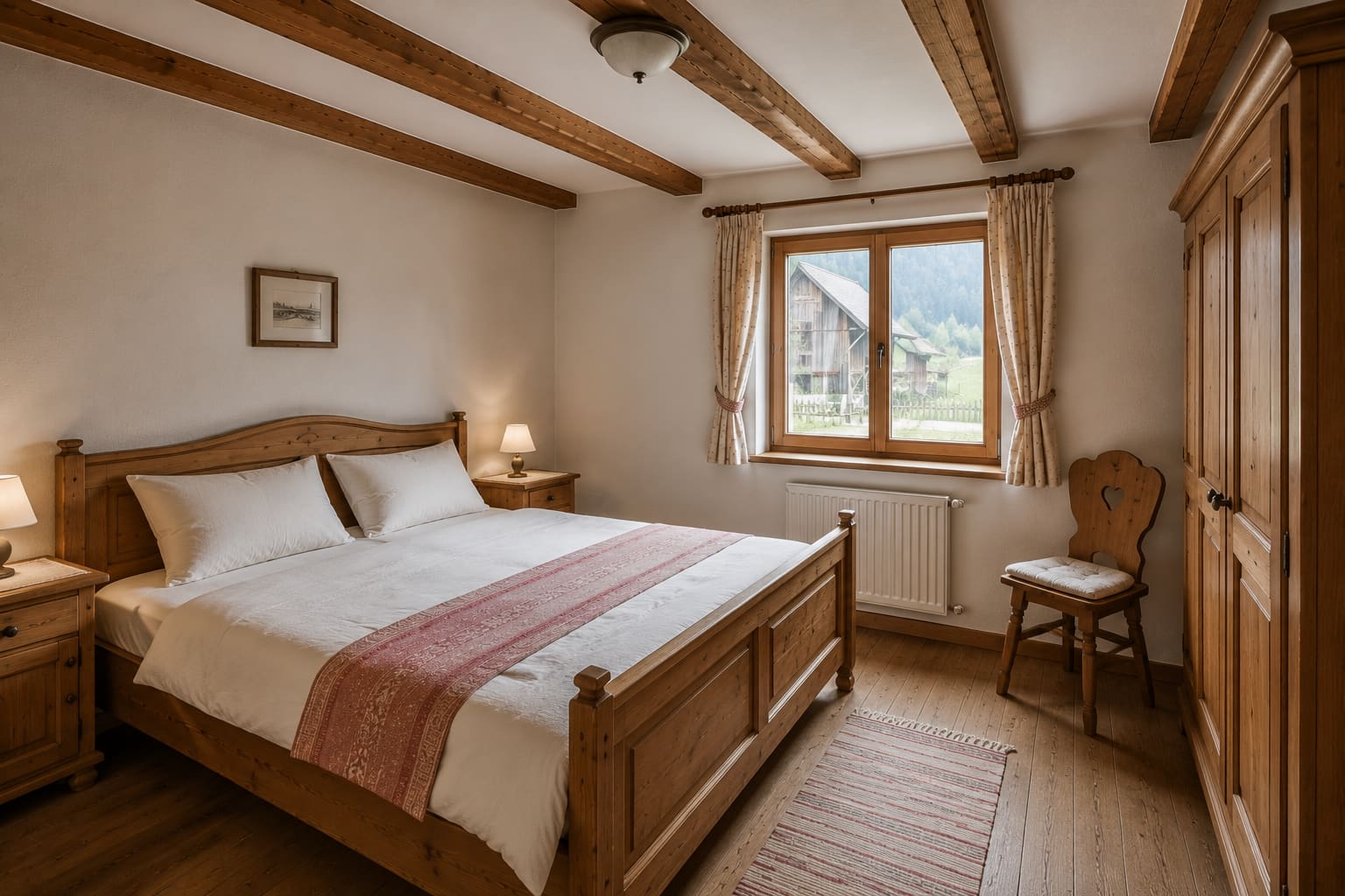 Elternschlafzimmer der Ferienwohnung Kitzsteinhorn mit Doppelbett aus Zirbe