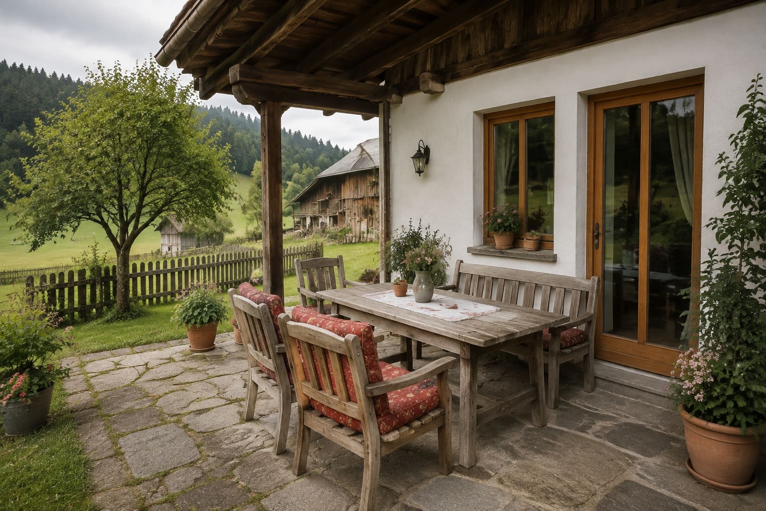 Überdachte Terrasse der Ferienwohnung Kitzsteinhorn mit Steinboden, langem Tisch und Blick auf Wiese und Wald