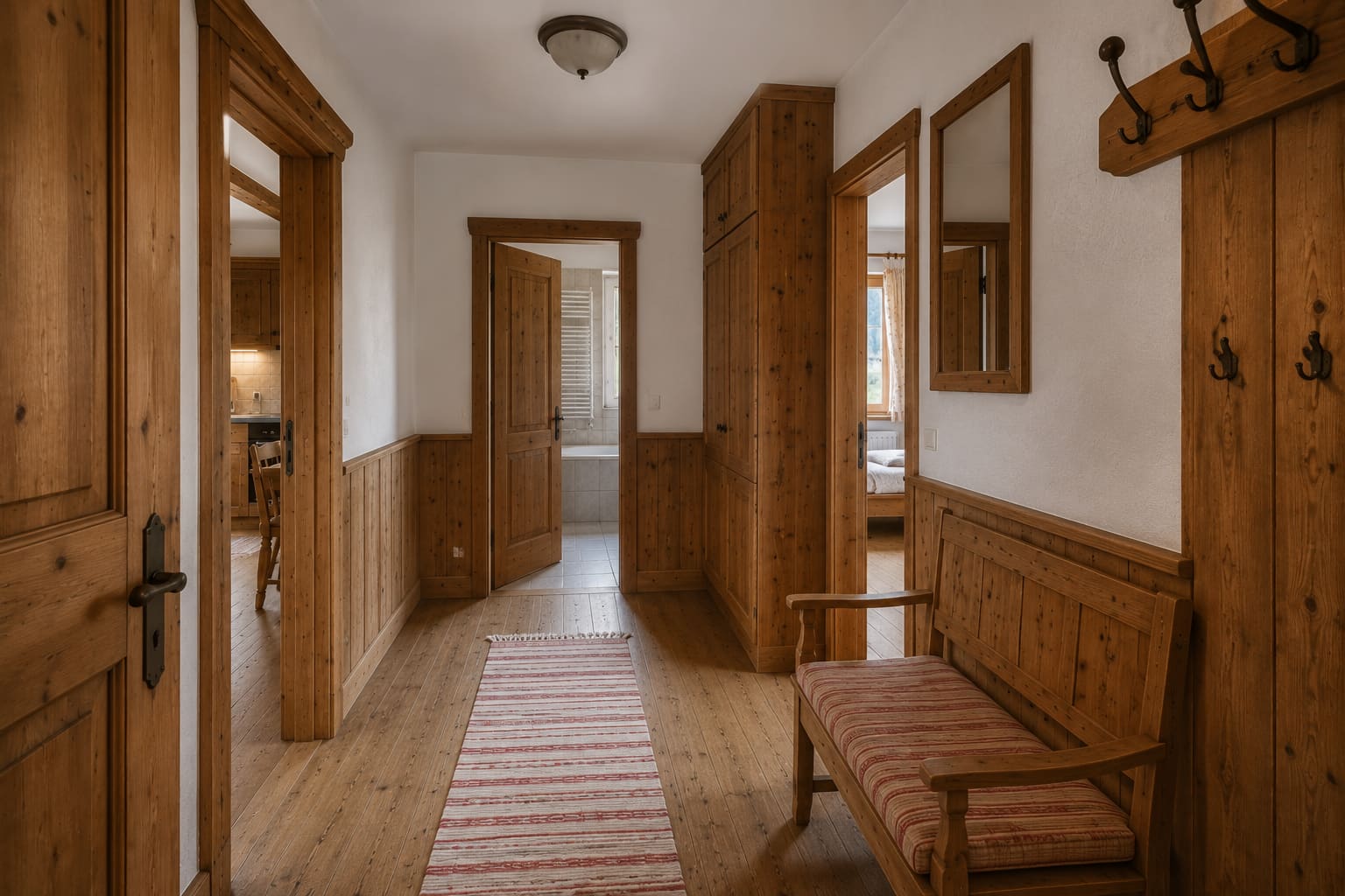 Vorraum der Ferienwohnung Kitzsteinhorn mit Sitzbank, Garderobe und Türen zu allen Räumen