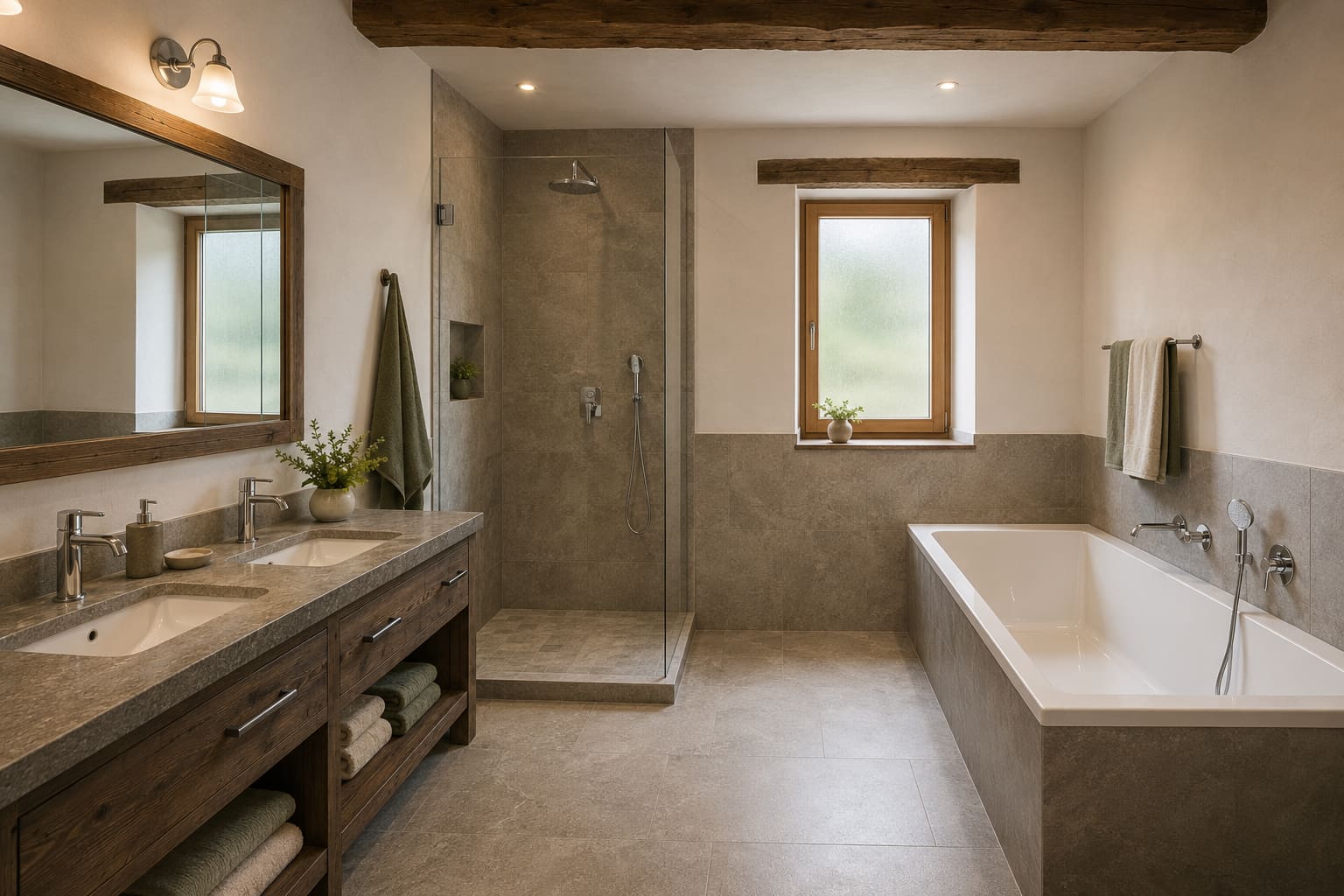 Großes Bad der Ferienwohnung Seeblick mit Badewanne, begehbarer Dusche und zwei Waschbecken
