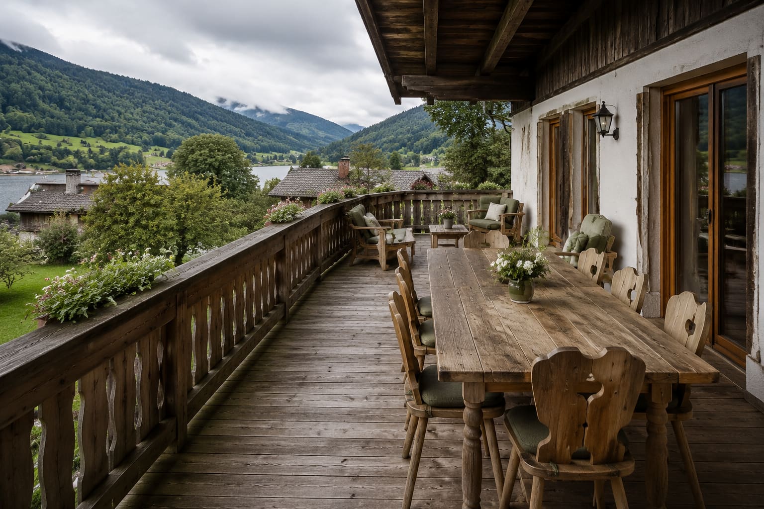 Großer Balkon der Ferienwohnung Seeblick mit langem Tisch und Blick über den See
