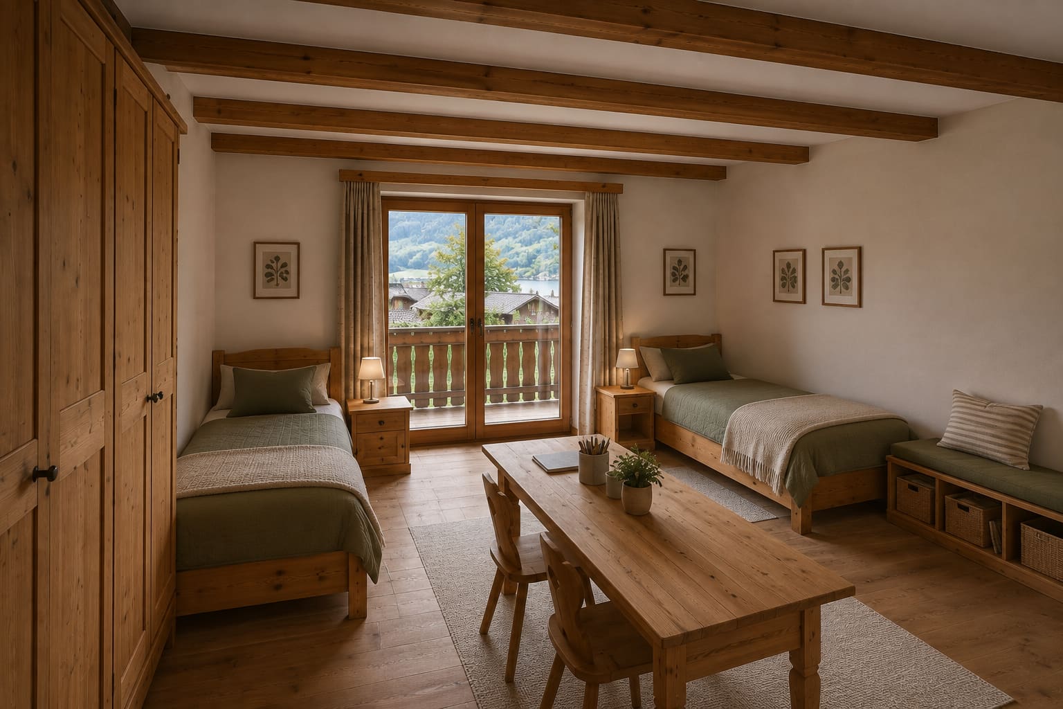 Großes Kinderzimmer der Ferienwohnung Seeblick mit zwei Betten, Arbeitstisch und Balkontür