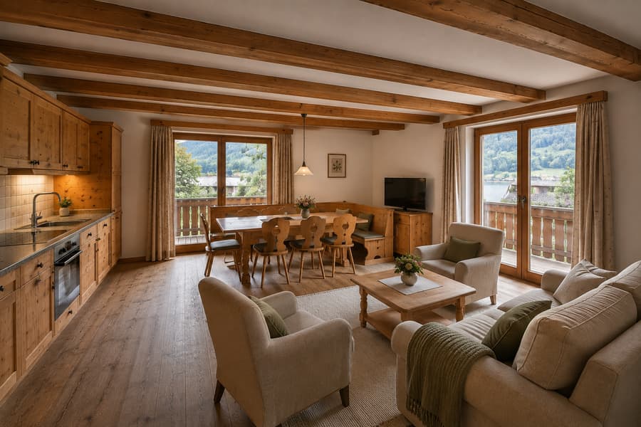 Großer Wohnbereich der Ferienwohnung Seeblick mit Küche, langem Esstisch, Sofa und zwei Balkontüren