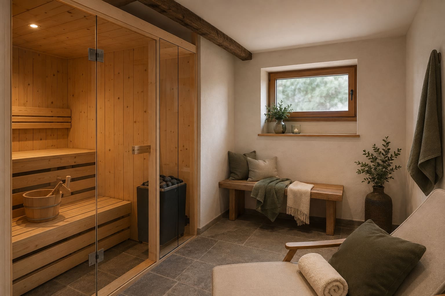 Eigene Sauna der Ferienwohnung Seeblick mit Ruhebereich und Liegen