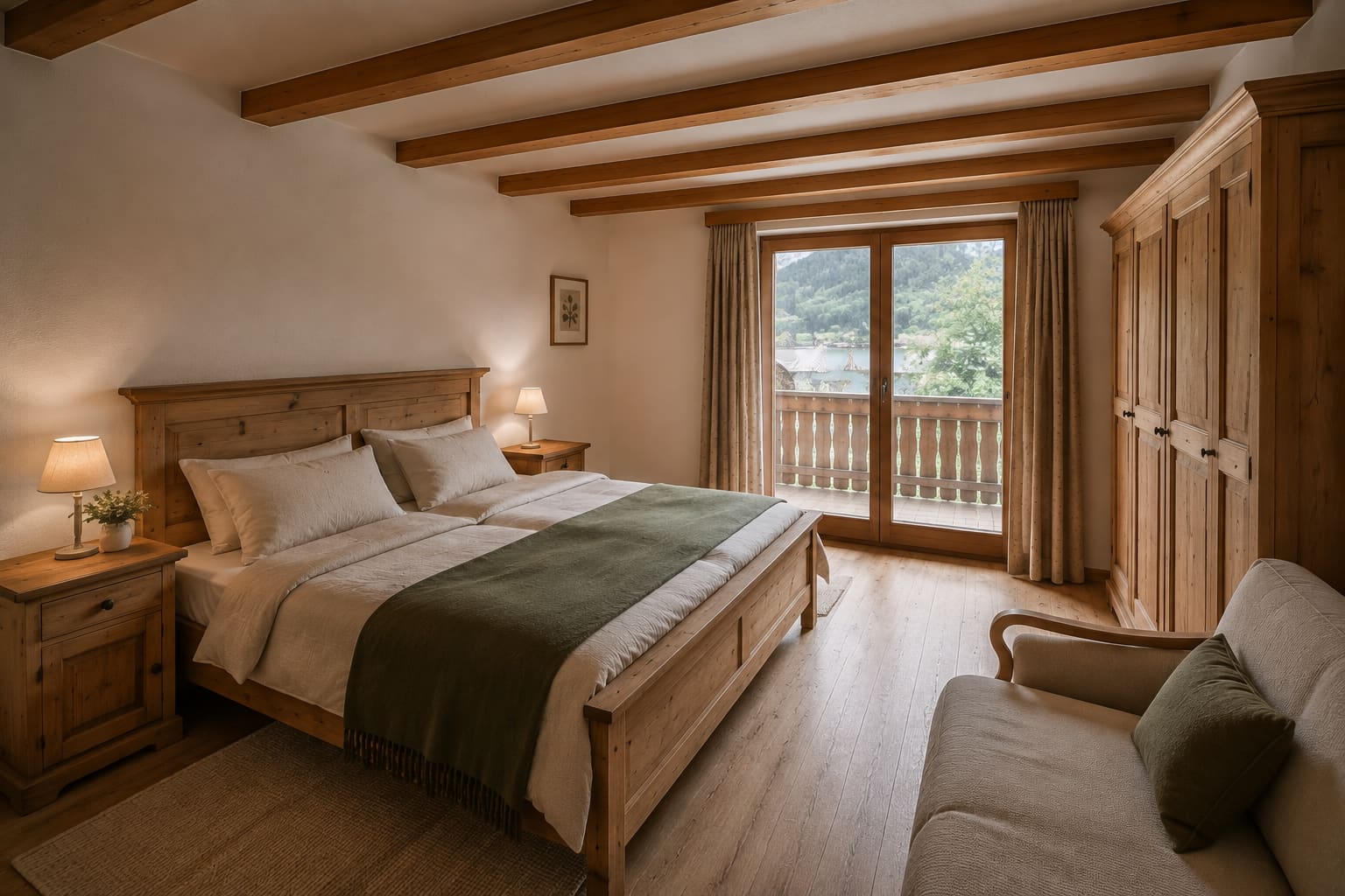 Erstes Doppelzimmer der Ferienwohnung Seeblick mit Balkontür und kleinem Sofa