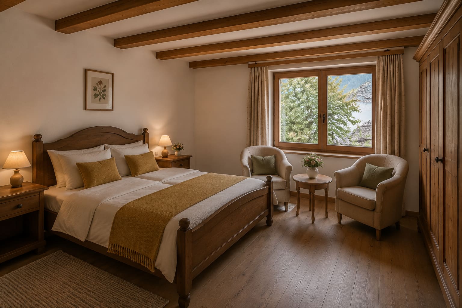 Zweites Doppelzimmer der Ferienwohnung Seeblick mit zwei Sesseln am Fenster