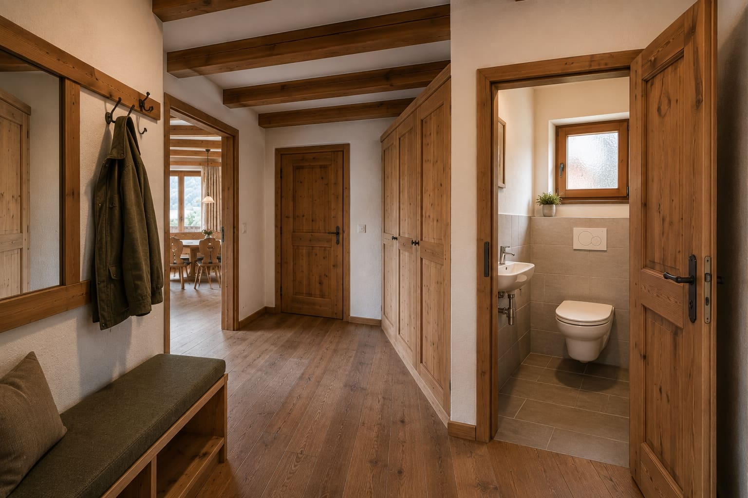 Gang der Ferienwohnung Seeblick mit Garderobe, Einbauschränken und eigenem Gang-WC
