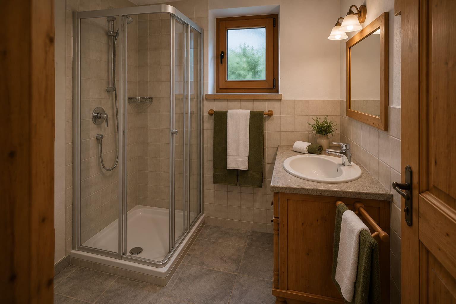 Bad der Ferienwohnung Tauernblick mit Eckdusche, Waschtisch aus Zirbe und Spiegel