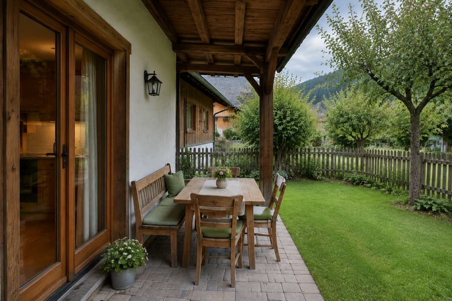 Überdachte Terrasse der Ferienwohnung Tauernblick mit langem Holztisch, direkt an der Liegewiese
