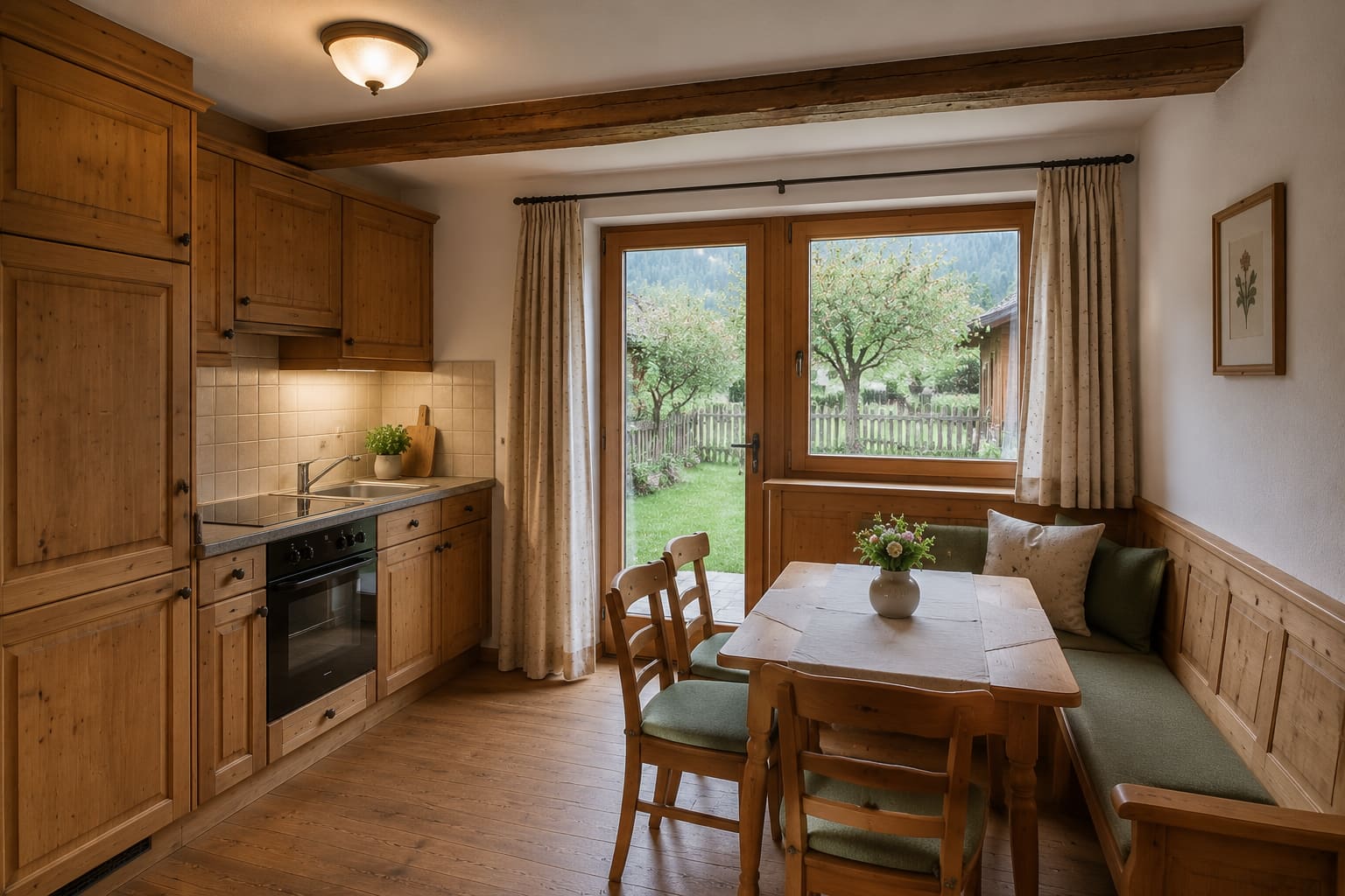 Wohnküche der Ferienwohnung Tauernblick mit Eckbank, Esstisch und Terrassentür in den Garten