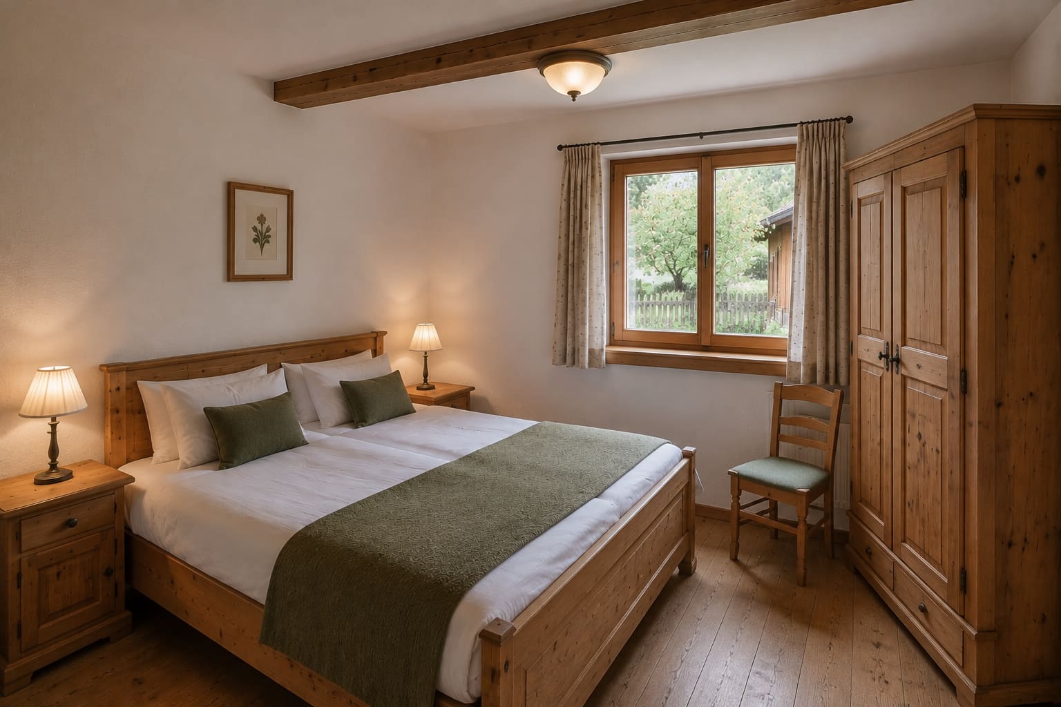 Schlafzimmer der Ferienwohnung Tauernblick mit Doppelbett, Bauernschrank und Fenster zum Obstgarten