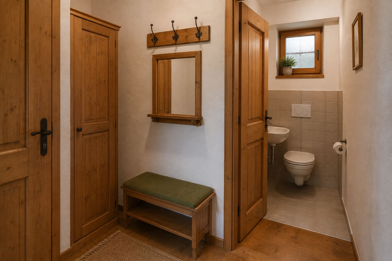 Vorraum der Ferienwohnung Tauernblick mit Garderobe, Sitzbank und separatem WC