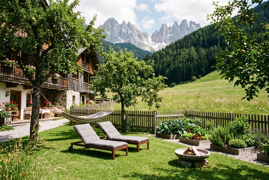 Der Hausgarten im Sommer mit Liegen, Hängematte, Kräuterbeeten und Blick auf die Bergkette