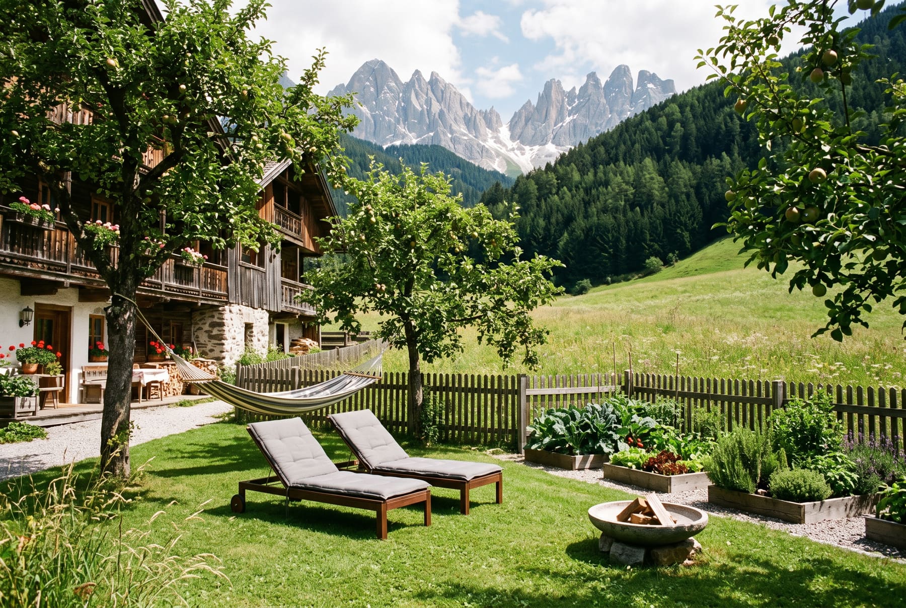 Der Hausgarten im Sommer mit Liegen, Hängematte, Kräuterbeeten und Blick auf die Bergkette