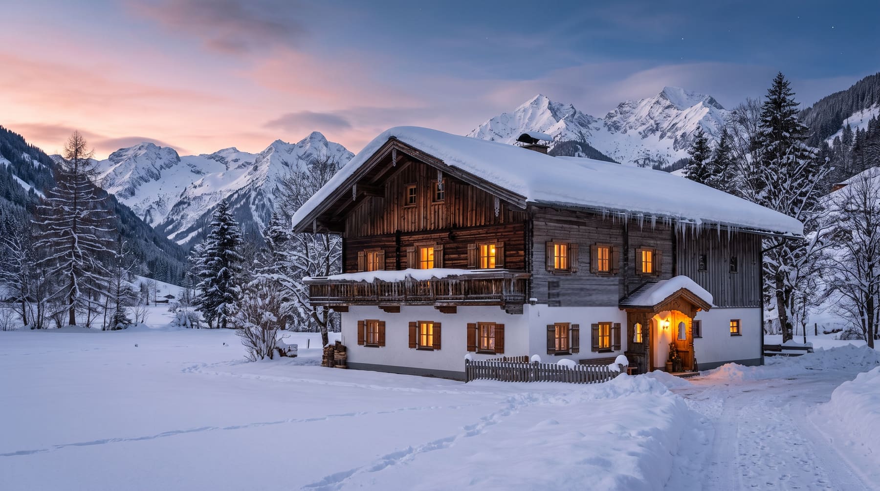 Der Alpenhof Bergkristall im tiefen Schnee, warm erleuchtete Fenster, dahinter die verschneiten Hohen Tauern