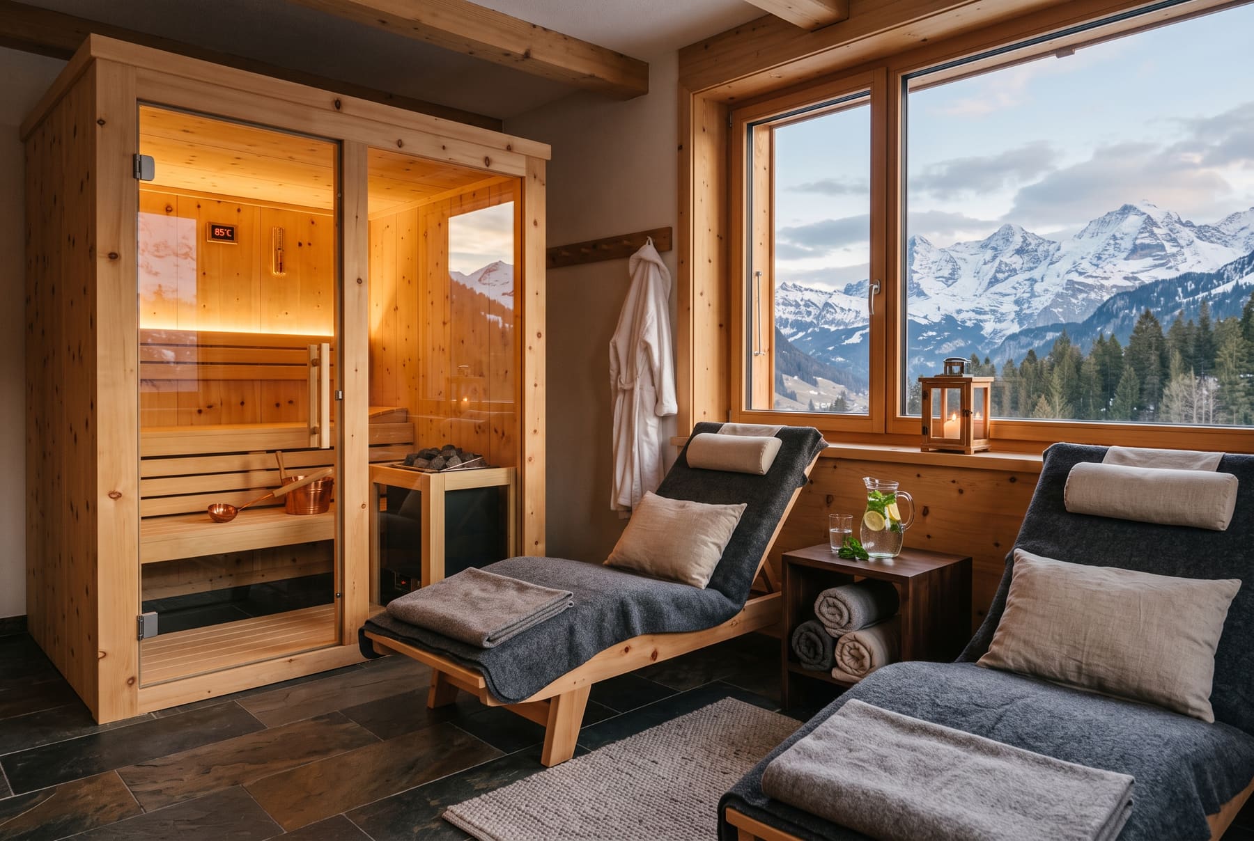 Zirbensauna mit Ruheliegen und Panoramafenster auf die verschneiten Berge