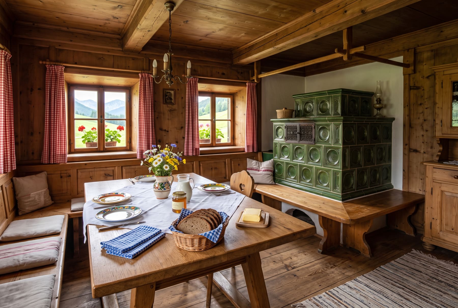 Die getäfelte Stube mit grünem Kachelofen, gedecktem Frühstückstisch und Blick auf die Wiese