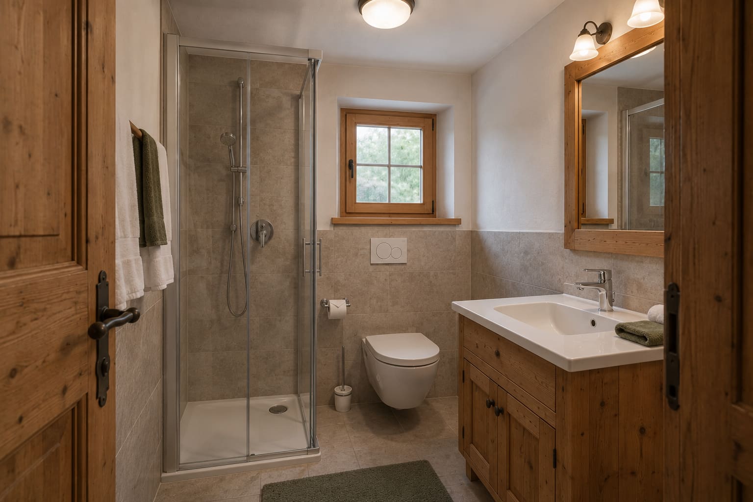 Bad des Doppelzimmers Almrausch mit Eckdusche, Wand-WC und Spiegelschrank aus Zirbe