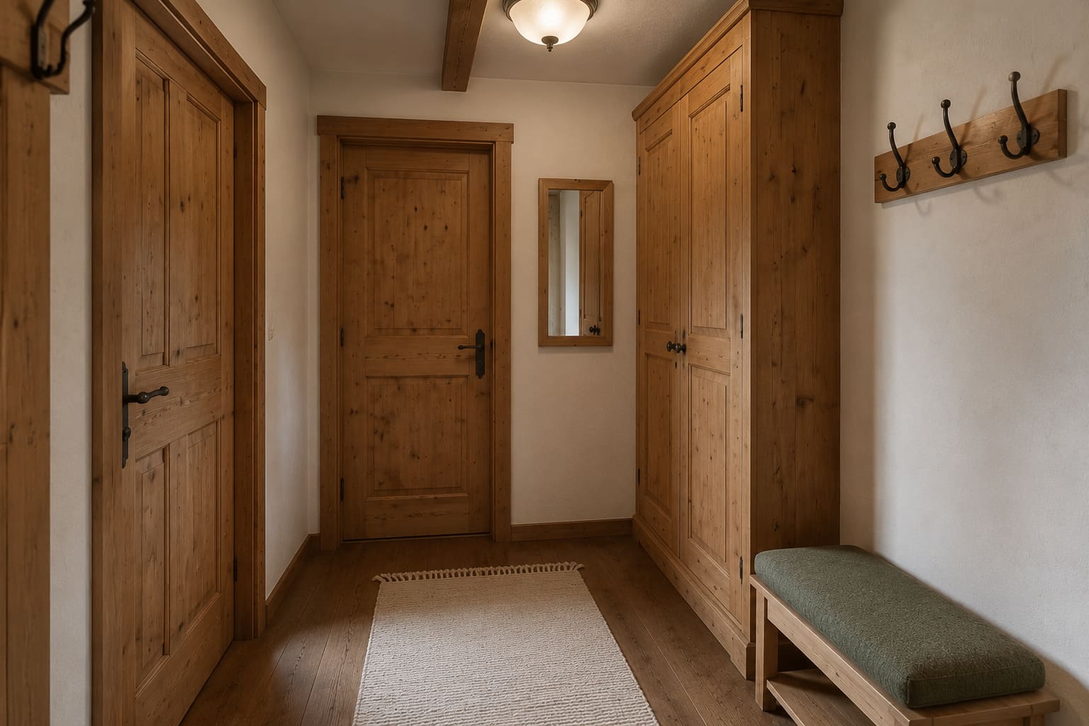 Vorraum des Doppelzimmers Almrausch mit Garderobe, Sitzbank und eigenem Schrank
