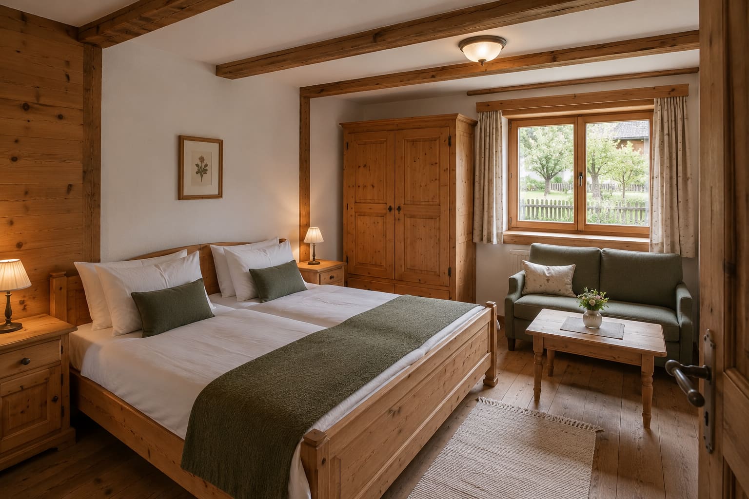 Doppelzimmer Almrausch mit Zirbenbett, getäfelter Wand, kleinem Sofa und Fenster zum Obstgarten