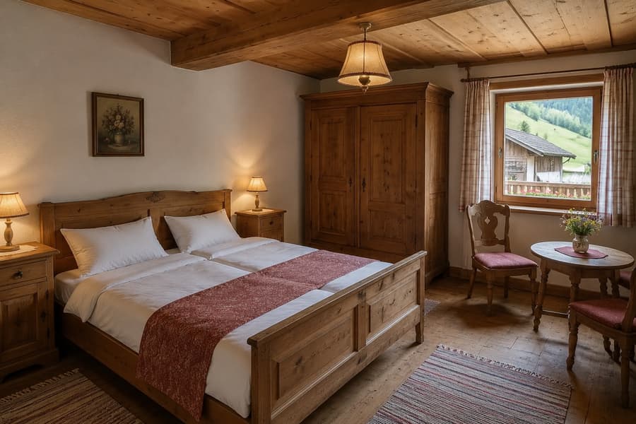 Doppelzimmer Arnika mit Zirbenbett, Tisch für zwei am Fenster und Blick auf Wiese und Stadel