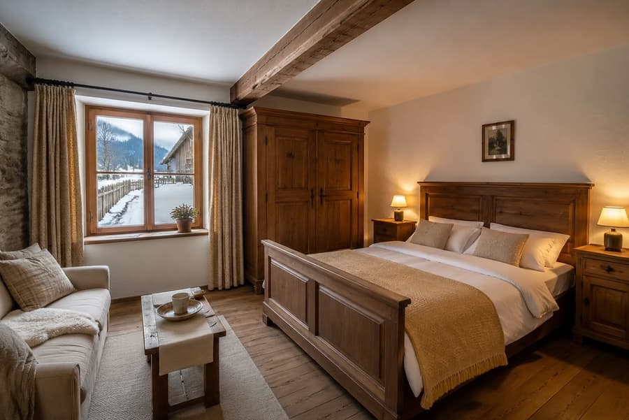 Komfortzimmer Edelweiß mit breitem Bett, Sofa, Bruchsteinmauer und Winterblick aus dem Fenster